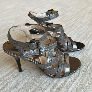 Michael Kors Metallic Strappy Heels Silver High Heel Shimmer Sandals Size 9